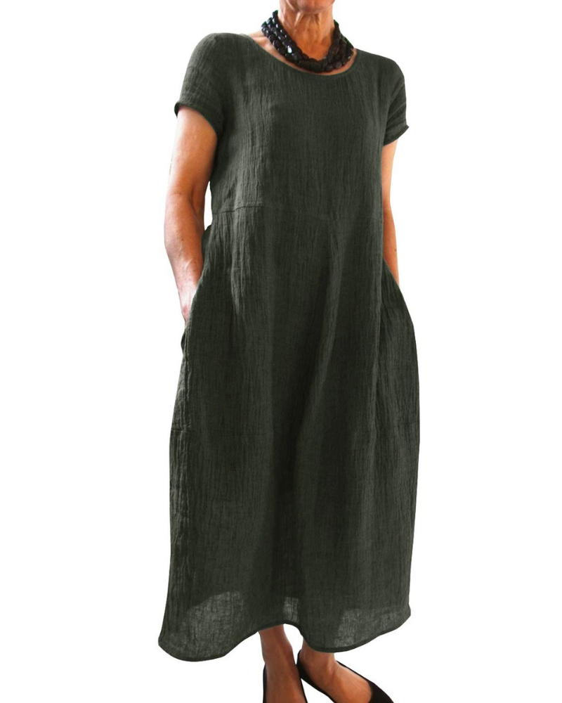 Robe longue pour femme Fiona – Robe d’été à manches courtes et col rond avec poches