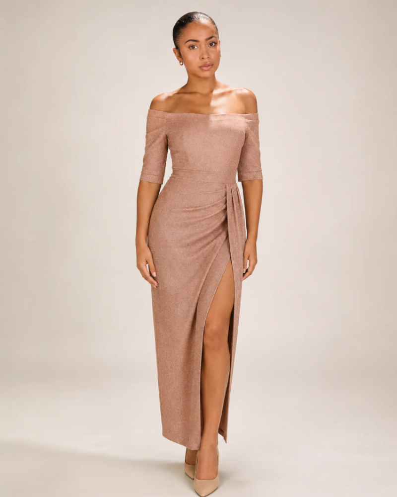 Vestido midi sin tirantes de mujer Rebecca – Diseño formal ajustado con abertura alta