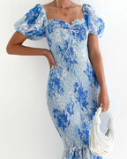 Robe midi sirène Brielle pour femme, bleue, ajustée, dos ouvert, style soirée