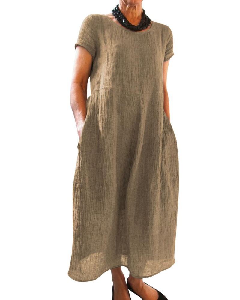 Robe longue pour femme Fiona – Robe d’été à manches courtes et col rond avec poches