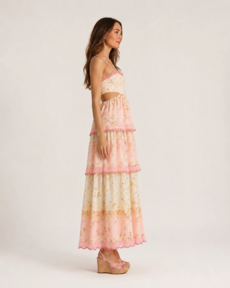 Marlowe Women's Floral Maxi Dress – Pink Lace Cutout Tiered Summer Gown