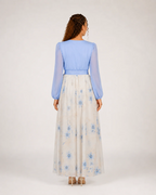 Tabitha Women's Floral Maxi Dress – V-Neck with Sheer Sleeves & Ruched Bodice