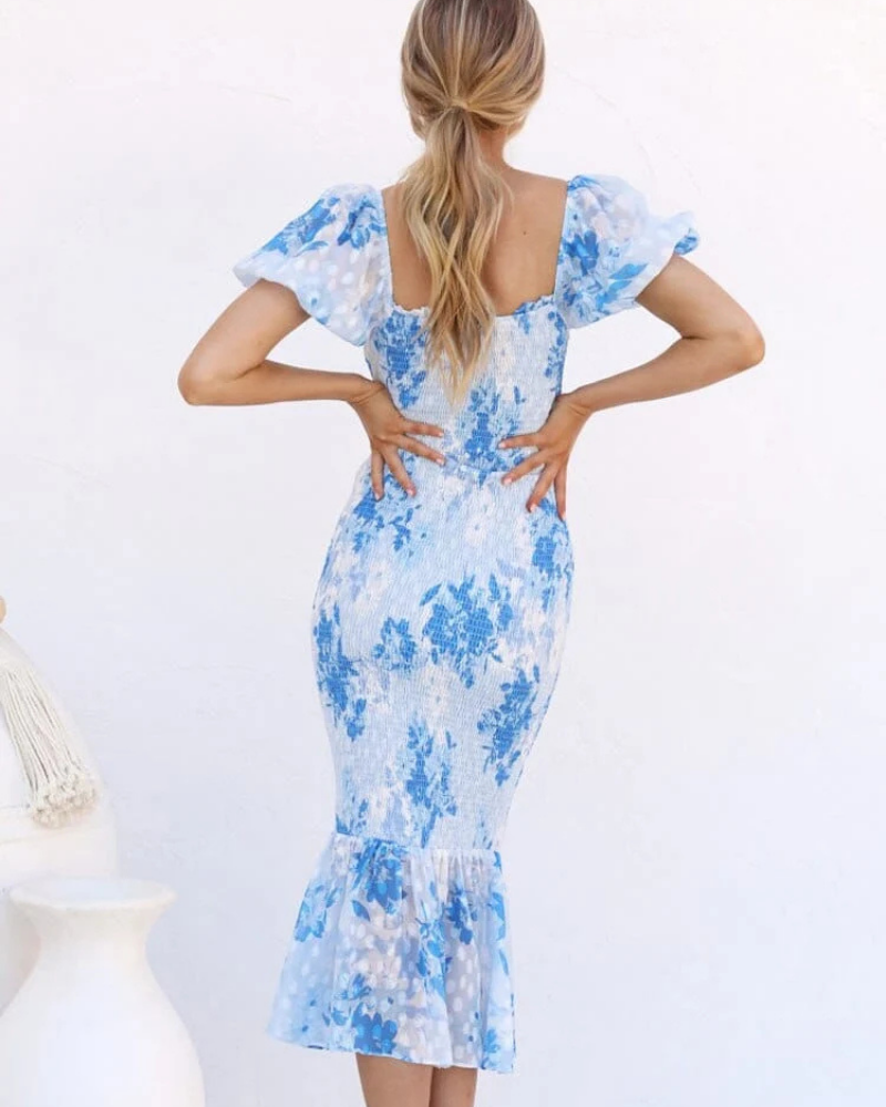 Robe midi sirène Brielle pour femme, bleue, ajustée, dos ouvert, style soirée