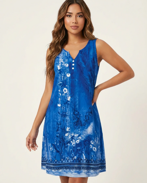 Vestido de verano para mujer Bethany – vestido sin mangas con cuello en V, estampado artístico y detalle de botones