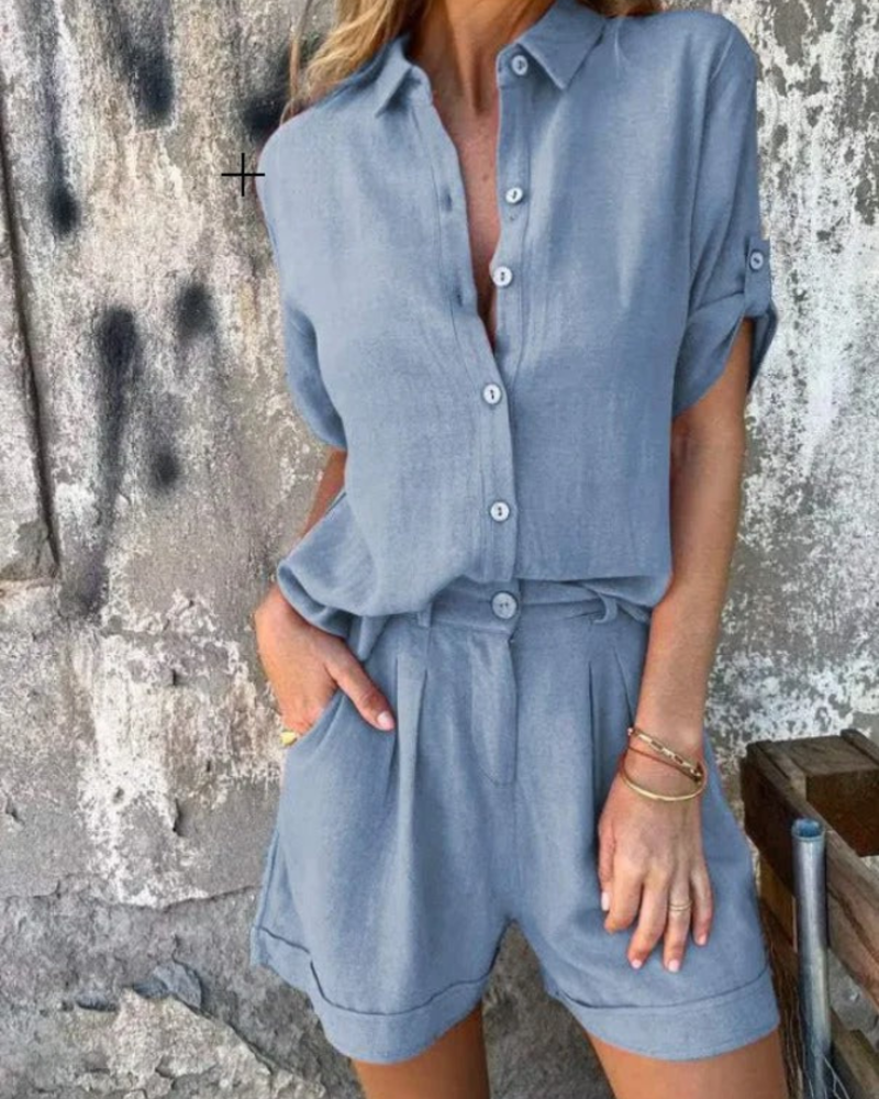 Conjunto de blusa y shorts para mujer Charlotte – Camisa abotonada con mangas remangadas y shorts a juego