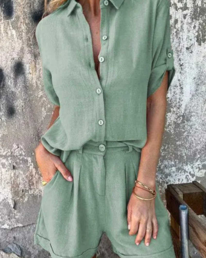 Conjunto de blusa y shorts para mujer Charlotte – Camisa abotonada con mangas remangadas y shorts a juego