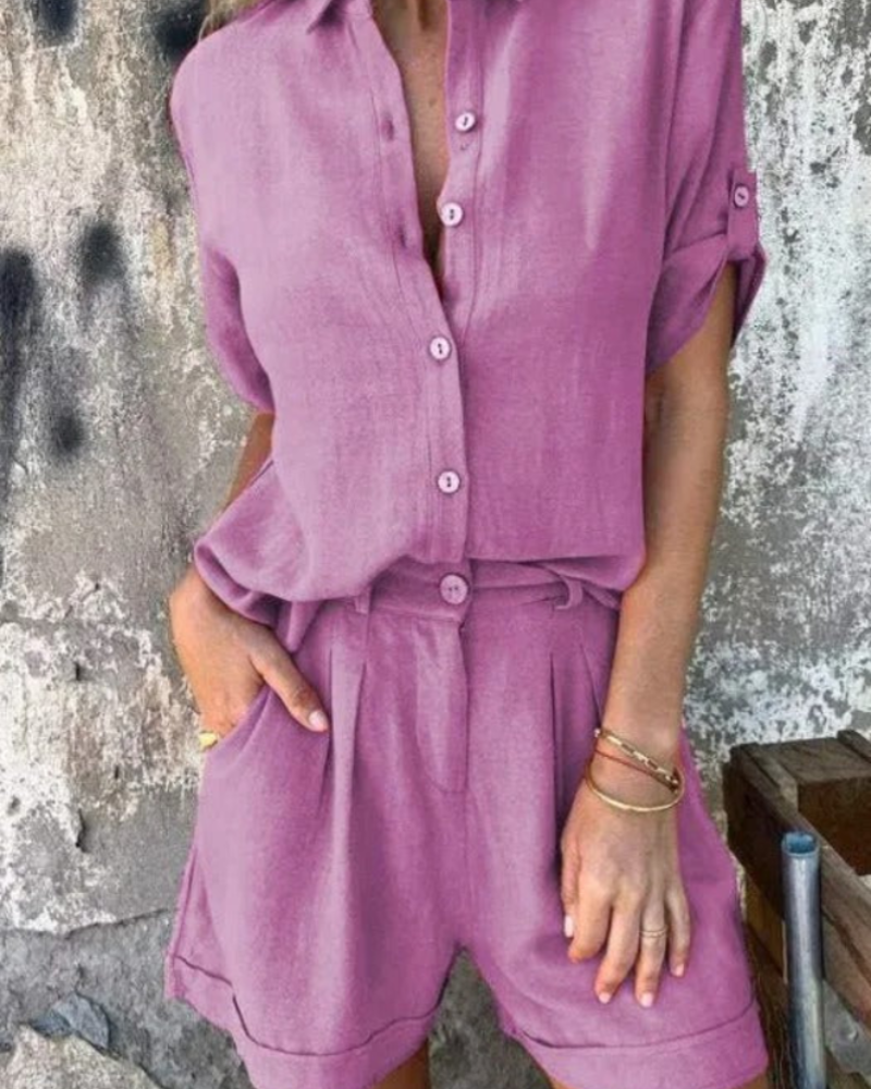 Conjunto de blusa y shorts para mujer Charlotte – Camisa abotonada con mangas remangadas y shorts a juego