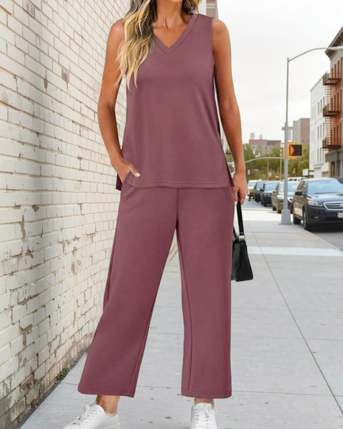 Conjunto de dos piezas para mujer Bianca – conjunto veraniego a juego con cuello en V, ideal para vacaciones y viajes