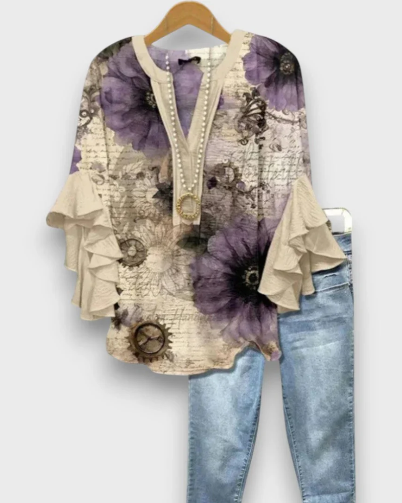Blusa floral de mujer Evelyn – Top de cuello en V con mangas de volantes y corte fluido