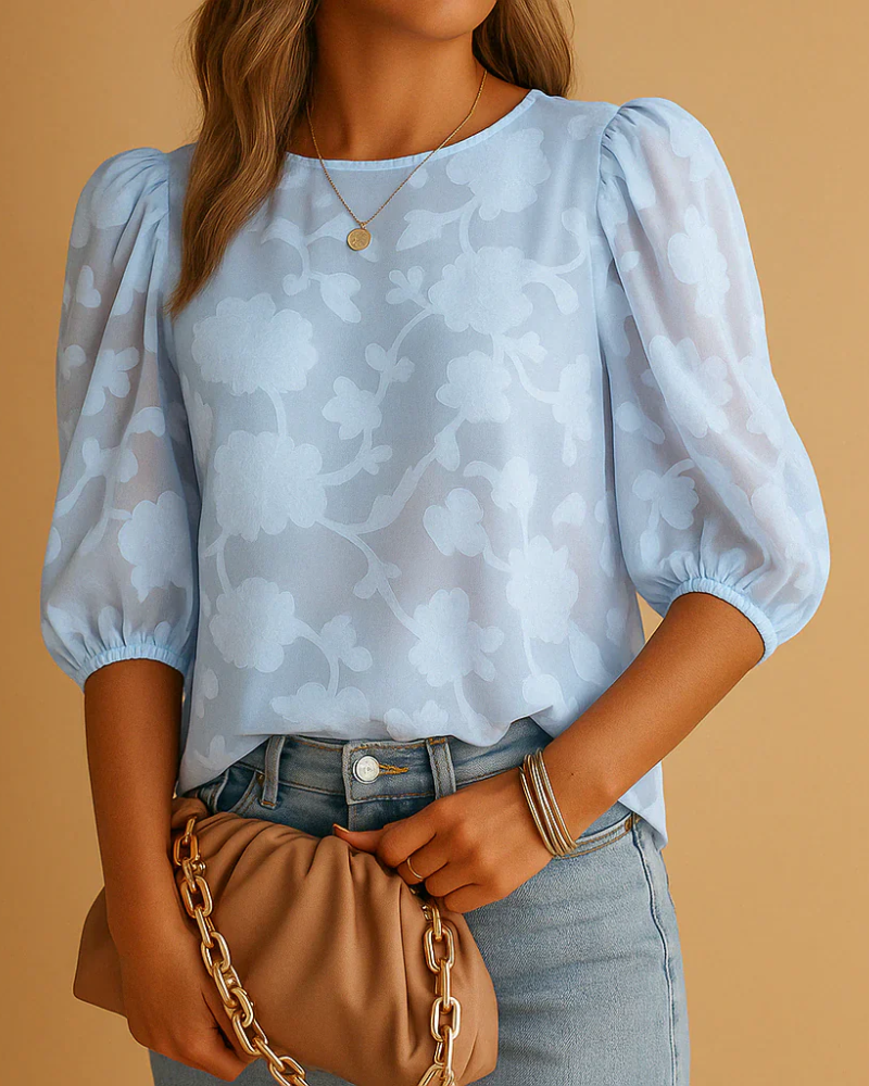 Blusa floral de mujer Harriet – Mangas abullonadas, cuello redondo y puños elásticos