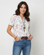 Tessa Women's Floral Blouse – V-Neck Short Sleeve Top with Button Details
