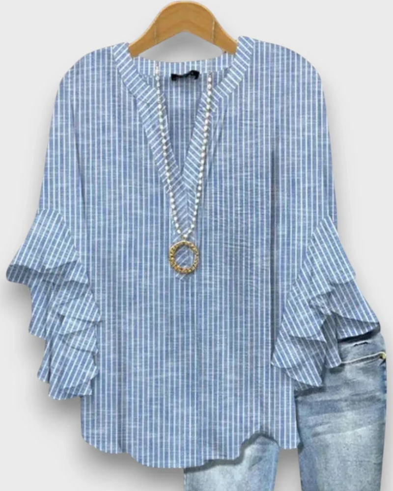 Blusa floral de mujer Evelyn – Top de cuello en V con mangas de volantes y corte fluido