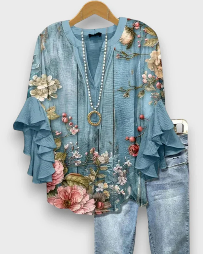 Blusa floral de mujer Evelyn – Top de cuello en V con mangas de volantes y corte fluido