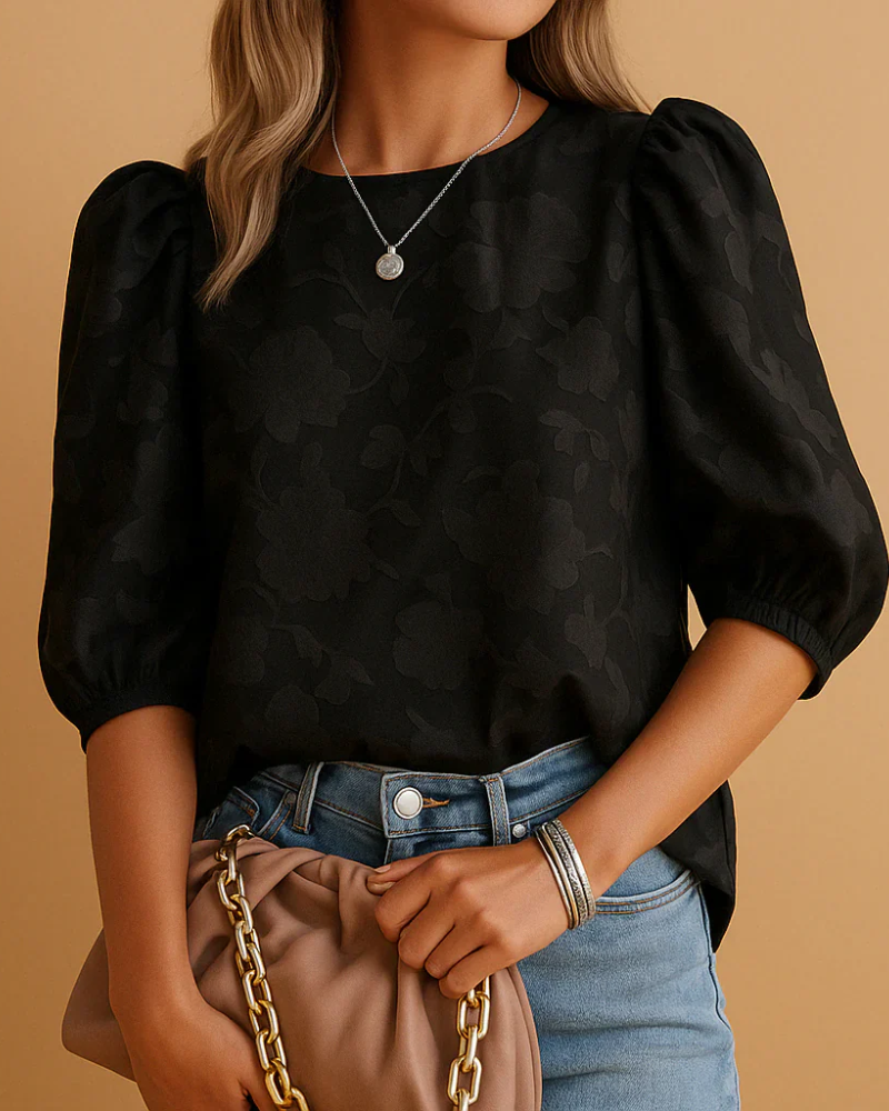 Blusa floral de mujer Harriet – Mangas abullonadas, cuello redondo y puños elásticos