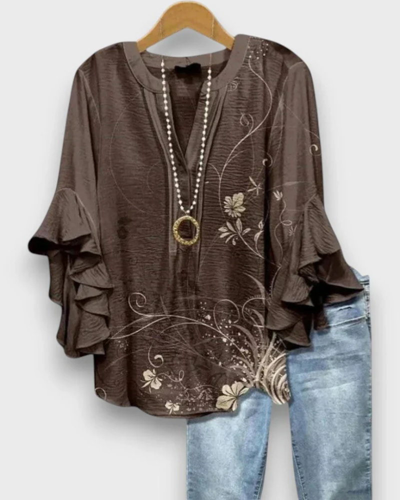 Blusa floral de mujer Evelyn – Top de cuello en V con mangas de volantes y corte fluido