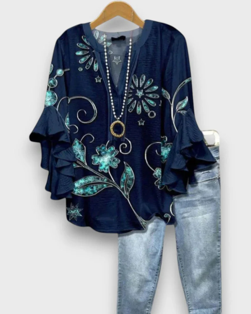 Blusa floral de mujer Evelyn – Top de cuello en V con mangas de volantes y corte fluido