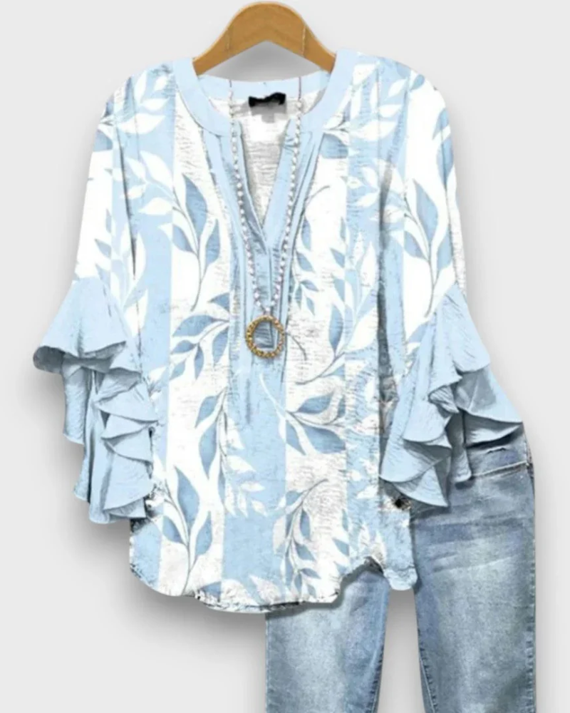 Blusa floral de mujer Evelyn – Top de cuello en V con mangas de volantes y corte fluido