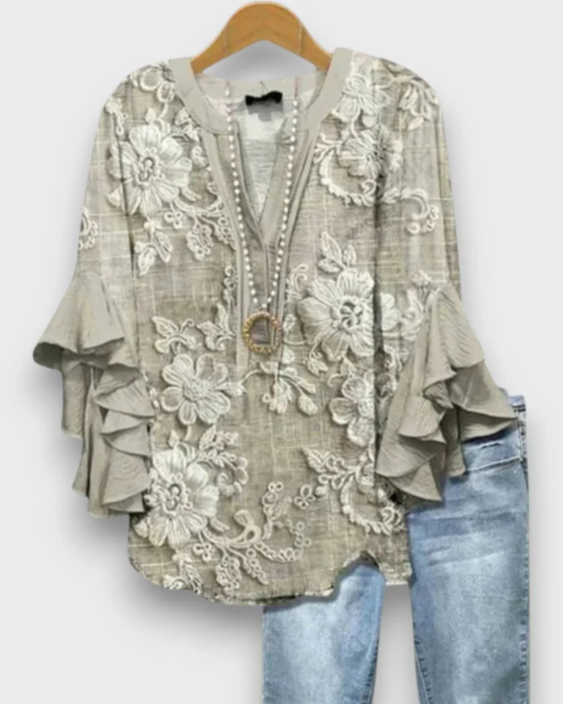 Blusa floral de mujer Evelyn – Top de cuello en V con mangas de volantes y corte fluido