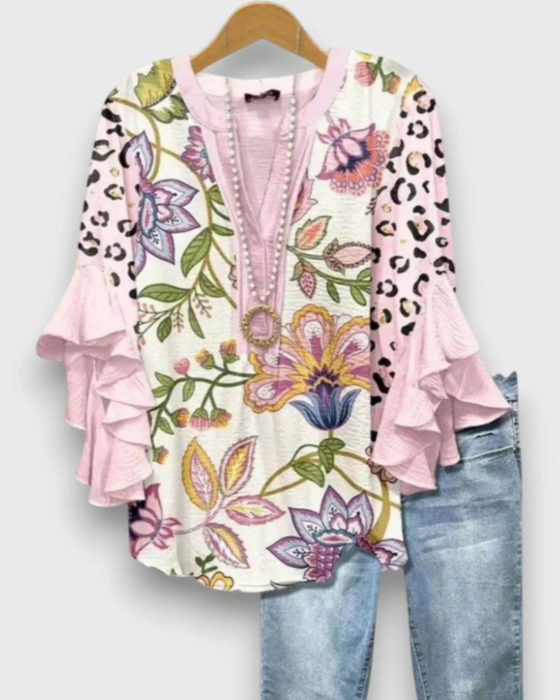 Blusa floral de mujer Evelyn – Top de cuello en V con mangas de volantes y corte fluido