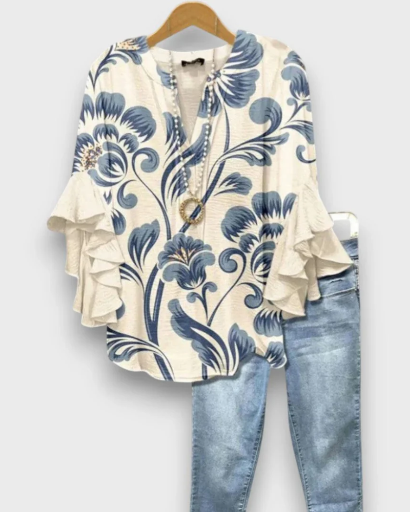 Blusa floral de mujer Evelyn – Top de cuello en V con mangas de volantes y corte fluido