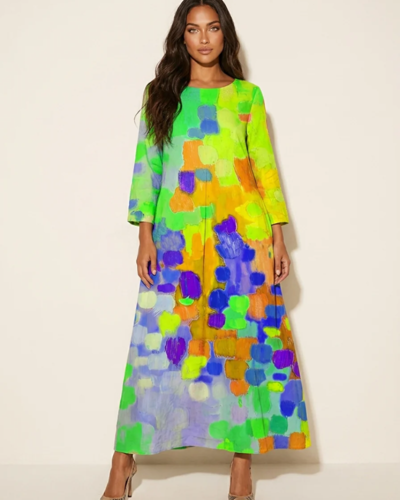 Violet Women's Maxi Dress – Colorful Artistic Print with Relaxed Flowy Fit